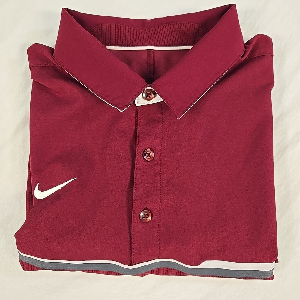 Nike Dri Fit Performance Golf Polo Mens Medium Maroon Gray Stripes Logo Tennis - Picture 12 of 12